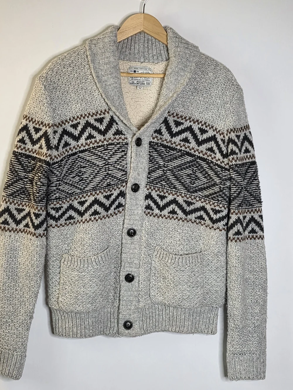 Lucky Brand Sherpa Lined Shawl Collar Fair Isle Knit Cardigan Sweater Medium